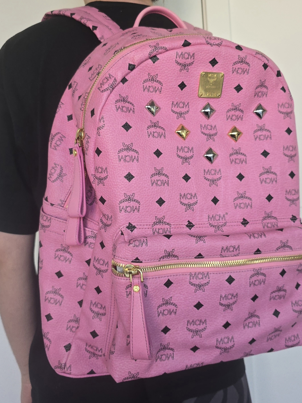 MCM LARGE Pink Logo Studded Leather Backpack with Gold Plaque